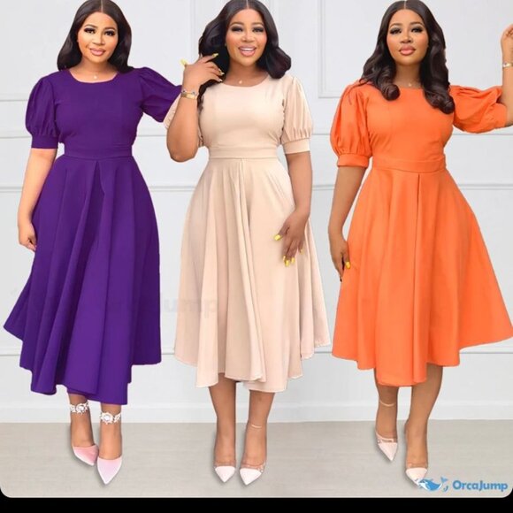 Chic Puff Sleeve A-Line Midi Dress Women's Size S, M, L, XL - Picture 3 of 3
